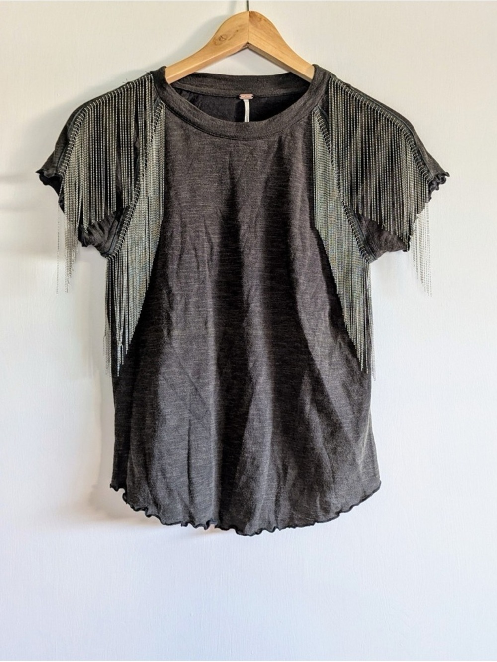 Free People Dark Grey Tee with Metallic Fringe Sleeve Detail